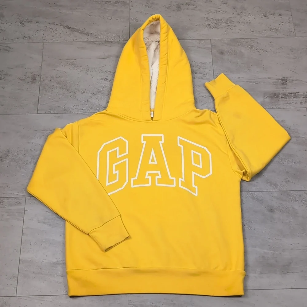Gap Sherpa Hoodie Logo Sweatshirt Bold Yellow Signature Pullover Fleece Hooded
